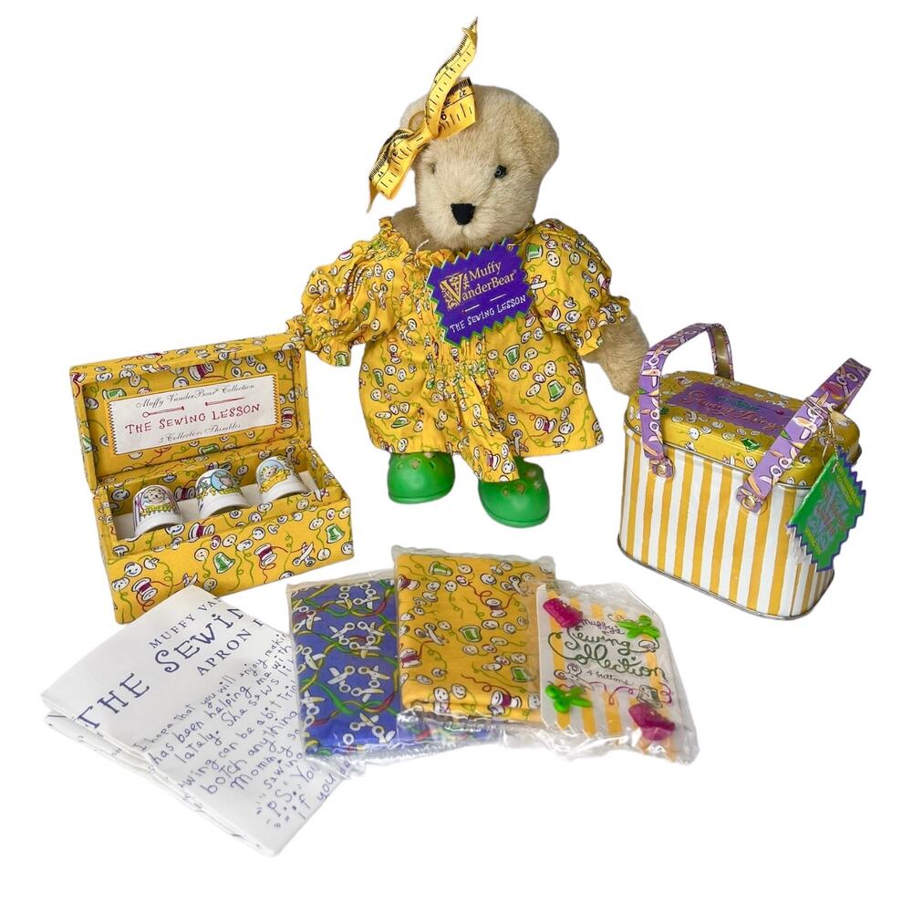 Vanderbear Muffy Hoppy Bear Sewing Lesson Set Fabric Pattern Tin Basket Thimbles